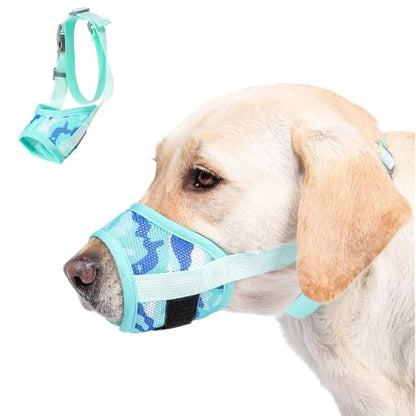 Dog Muzzle with Escape-Proof Elastic Neck Collar, Soft Breathable Air Mesh Mouth Cover Stops Biting Barking Chewing Allows Drinking Panting, Adjustable Muzzle for Small Medium Large Dogs - color: Green/Blue, size: S
