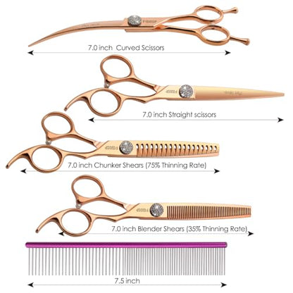 7'' Dog Grooming Scissors Set Rose Gold Titanium 4PCS Curved Thinning Straight Chunkers Shears Kit with White Artificial Diamonds Ergonomic Offset Handle Japan 440C Sharp and Durable - size: 7.0 inch, style: Dog Scissors Kit