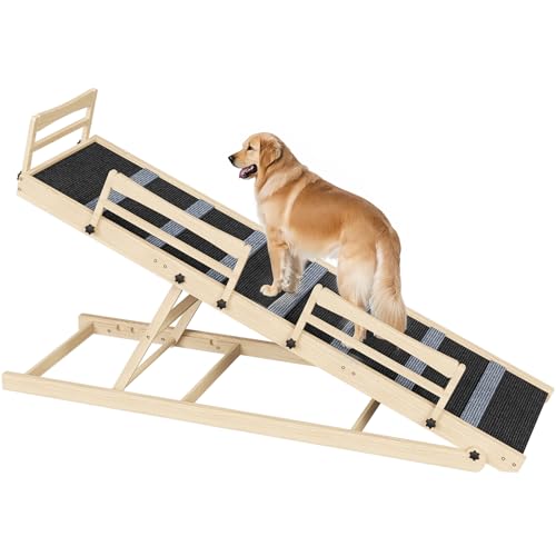 HOOBRO Dog Ramp for Bed, 63" Long Folding Pet Ramp with Non-Slip Mat and Safety Side Rails, 5 Height Adjustable up to 29.5", Wooden Dog Ramp for Couch, for Small/Large Dogs, Natural and Black NB46PT03 - size: 63.0"L x 17.7"W x 3.7"H