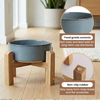 hjn Elevated Ceramic Dog Bowl with Bamboo Stand, Raised Pet Feeding Station for Small Medium Dogs Cats, Modern Design with Anti-Slip Base (Gray Blue, 3.6Cup) - color: Gray Blue, size: 3.6Cup