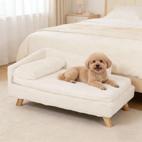 Elevated Dog Bed Couch Sofa: Wooden Dog Chair with Bolster Cushion for Small Dogs Cats Cute Pet Chaise Soft Cushion Washable, 31.7 x 18.9 Inches - size: 31.7"x 18.9"x9.3"