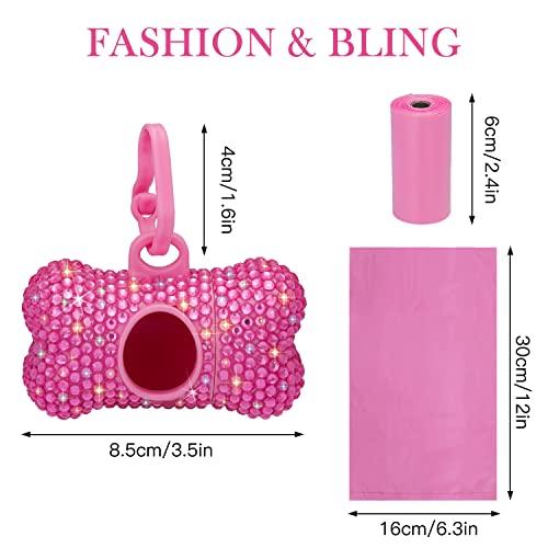 SAVORI Dog Poop Bag Holder Bling Crystal Dog Waste Bags Dispenser for Pet Dog Doggy with Carabiner Clip Includes 1 Roll 15 Bags (Hot Pink) - color: Hot Pink