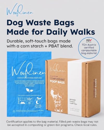 Wooflinen Certified Home Compostable Dog Poop Bags – Leak-Proof Rolls – Large 9x13”, Durable, Easy Tear – Made from Corn Starch + PBAT Blend – For Big & Small Dogs – 240 Bags (16 Rolls) - size: 240 Count (Pack of 1)