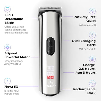 Professional Dog Grooming Clippers with Charging Dock, 5-in-1 Adjustable Blade Cordless Pet Grooming Kit 5 Speed Rechargeable Trimmer Hair Shaver with Detachable Guide Combs for Animal Horse