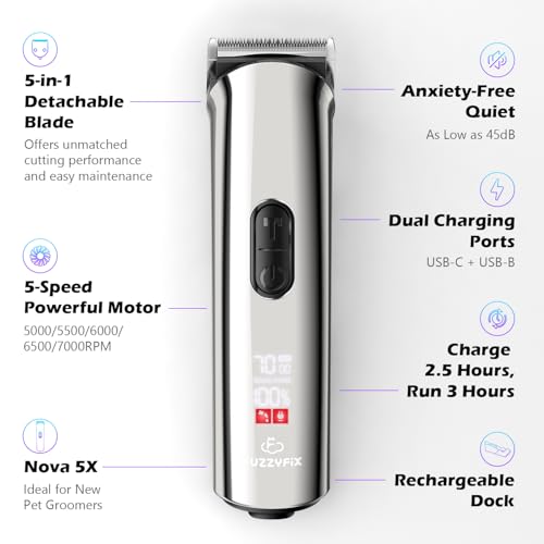 Professional Dog Grooming Clippers with Charging Dock, 5-in-1 Adjustable Blade Cordless Pet Grooming Kit 5 Speed Rechargeable Trimmer Hair Shaver with Detachable Metal Guide Combs for Animal