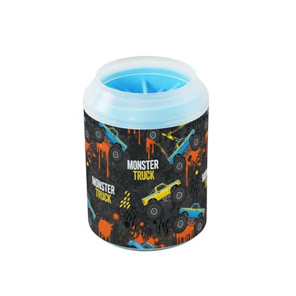 Monster Truck Black Gray Print Dog Paw Cleaner Cup with Soft Silicone Brush, Portable Small Lightweight Muddy Paw Washer for Dogs, Easy to Use Pet Foot Cleaner