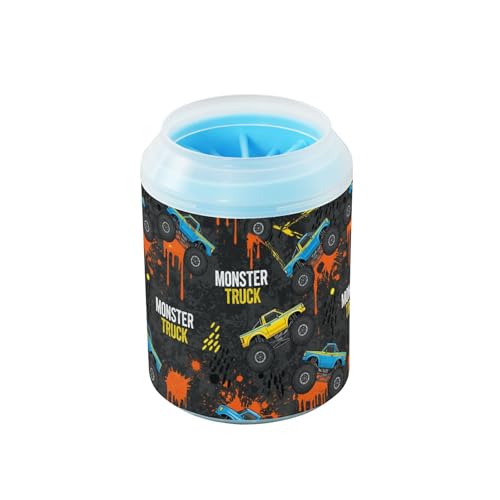 Monster Truck Black Gray Print Dog Paw Cleaner Cup with Soft Silicone Brush, Portable Small Lightweight Muddy Paw Washer for Dogs, Easy to Use Pet Foot Cleaner