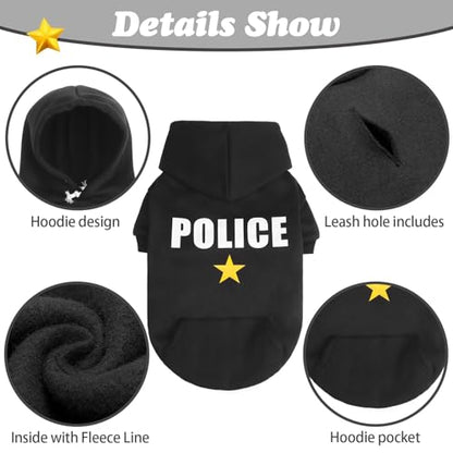 BINGPET Police Dog Hoodies, Fleece Lined Fall Cold Winter Dog Puppy Sweatshirt with Leash Hole, Soft Warm Dog Sweaters Outfit for Small Medium Large Dogs