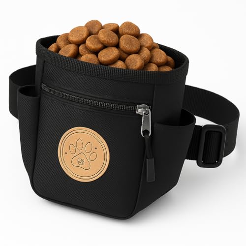 Dog Treat Pouch with Adjustable Waist Belt – Hands-Free Dog Training Bag, Treat Holder with Zipper Pocket for Phone & Keys, Lightweight, Durable & Easy to Clean, (Black) - color: Black
