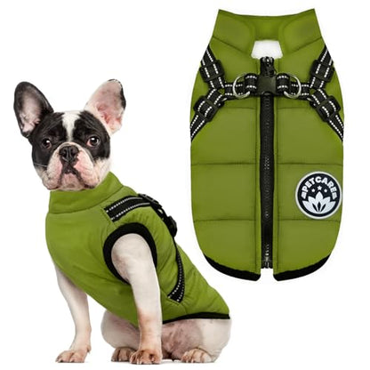 PETCARE Winter Dog Coat with Harness Built in Waterproof Dog Jackets Warm Pet Fleece Vest Windproof Snow Jacket Snowsuit Reflective Dogs Cold Weather Coats for Puppy Small Medium Large Dogs Cats - color: Green, size: L(Chest 16.5" Suggest 8-11 lbs)