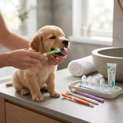 Finger Rubber Pet Toothbrush Set, Triple Head Double Head Dog Toothbrush for Multi Angle Oral Cleaning of Dog Cat (Set 1)