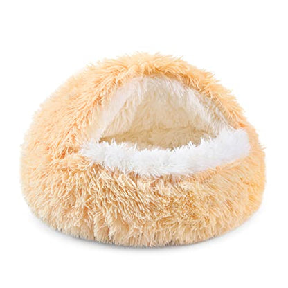 NOYAL Round Hooded Plush Cat Cave Donut Anti Anxiety Fluffy Bed for Small Medium Dog and Cat - color: Golden, size: Small 19.6''