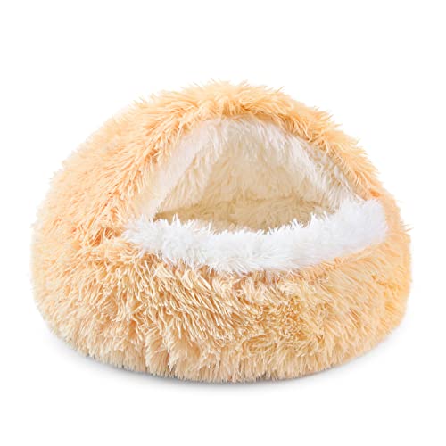 NOYAL Round Hooded Plush Cat Cave Donut Anti Anxiety Fluffy Bed for Small Medium Dog and Cat - color: Golden, size: Small 19.6''