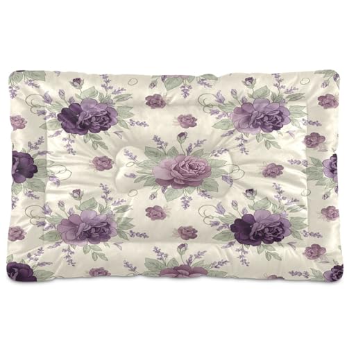 Purple Flowers Pattern Pet Bed Mat for Dogs and Cats, Soft Washable Crate Pad with Non-Slip Bottom, Cozy Bed Cushion for Small Medium Large Pets, 24x36 Inch - size: Medium