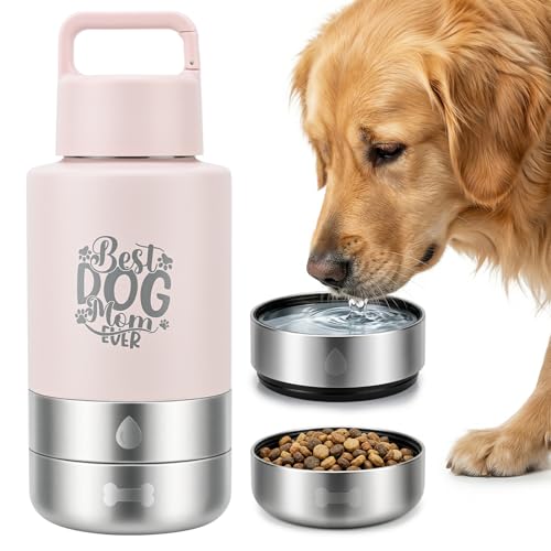 32oz Insulated Dog Water Bottle Dispenser, 3-in-1 Stainless Steel Travel Cup with 2 Detachable Food and Water Bowls, Leak Proof Large Pet Gear, Dog Mom Gift for Dog Lovers - color: pink dog mom