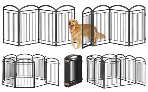 Full Metal Free Standing Dog Gate with Door for Indoor Outdoor,192'' Extra Wide 32'' Tall Dog Gates for Doorways,Large Openings,Decks,Freestanding Portable Pet Fence(8 Panels,Black) - color: Black, size: 【8 Panels with Door】 32''H*192''W