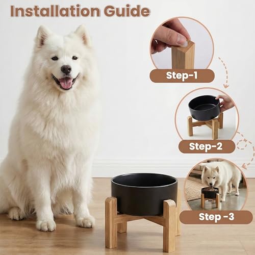 hjn Elevated Ceramic Dog Bowl with Bamboo Stand, Raised Pet Feeding Station for Small Medium Dogs Cats, Modern Design with Anti-Slip Base (Black, 7.6Cup) - color: Black, size: 7.6Cup