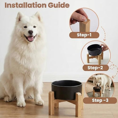 hjn Elevated Ceramic Dog Bowl with Bamboo Stand, Raised Pet Feeding Station for Small Medium Dogs Cats, Modern Design with Anti-Slip Base (Black, 7.6Cup) - color: Black, size: 7.6Cup