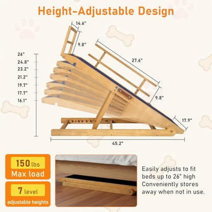 Dog Ramp - 7 Adjustable Heights, Portable with Leather Handle, Anti-Slip Design for Beds, Couches & Cars - Perfect for Small & Large Dogs - size: 115 CM LONG with Guardrails