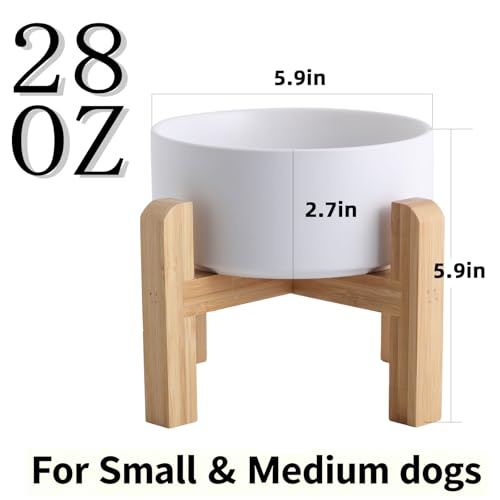 Elevated/Raised Ceramic Dog Bowl with Bamboo Stand，6 Inch 3.6 Cups Non Slip Heavy Weighted Single Pet Dish, for Small Medium Breed & Cats,Reduces Neck Strain White - color: White, size: 3.6 Cups - Medium