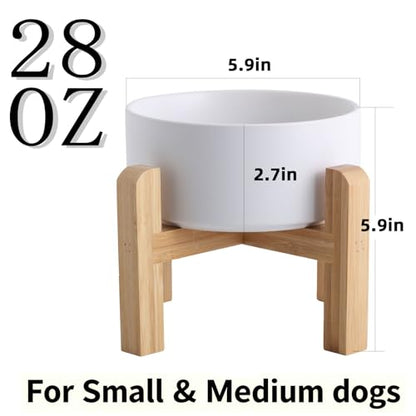 Elevated/Raised Ceramic Dog Bowl with Bamboo Stand，6 Inch 3.6 Cups Non Slip Heavy Weighted Single Pet Dish, for Small Medium Breed & Cats,Reduces Neck Strain White - color: White, size: 3.6 Cups - Medium