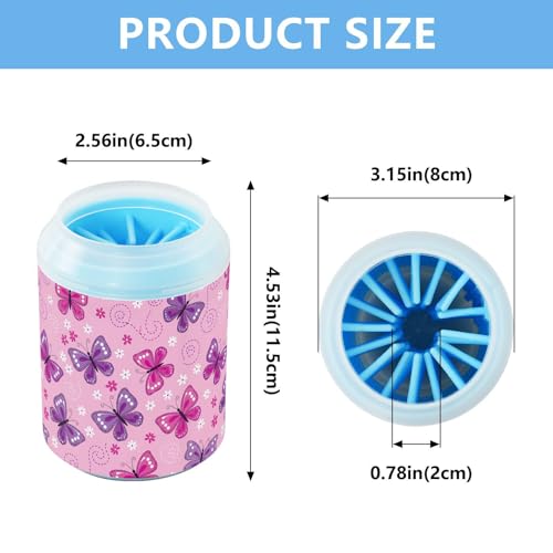 Spring Butterflies Flowers Pink Pattern Dog Paw Cleaner Cup with Soft Silicone Brush, Lightweight Small Portable Muddy Paw Washer for Dogs, Easy to Use Pet Foot Cleaner