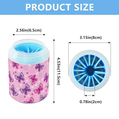 Spring Butterflies Flowers Pink Pattern Dog Paw Cleaner Cup with Soft Silicone Brush, Lightweight Small Portable Muddy Paw Washer for Dogs, Easy to Use Pet Foot Cleaner