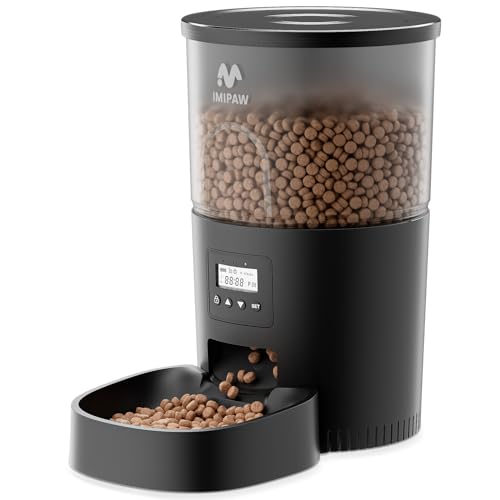 IMIPAW Automatic Cat Feeders, 3L Timed Cat Dry Food Dispenser, Dual Power Supply, Programmable Portion Size, 1-6 Meals Per Day, Auto Pet Feeder for Cats and Small Dogs, with Desiccant Bags - color: Black, size: 3l