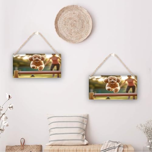 Poodle Dog Jumping Agility Hurdle with Owner in Sunset Light Sign, Rustic Wood Plaque Decor, Farmhouse Wooden Wall Art for Living Room, Bedroom, Entryway, Hanging Home Decor, 12x6 Inch