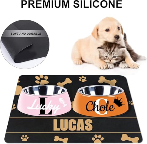 Personalized Dog & Cat Food Mat with Name | Waterproof PU Pet Bowl Mat | Non-Slip Rubber Bottom | Easy Clean | 3 Sizes (24"×16", 30"×20", 36"×24") (Golden Bone and paw Prints) - color: Golden bone and paw prints