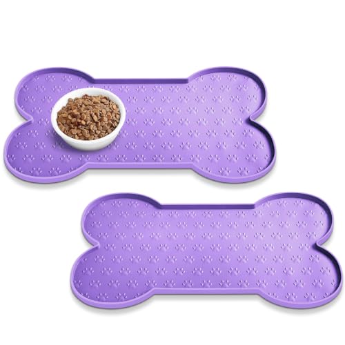 PWTAA Dog Food Mat Anti-Slip Silicone Dog Bowl Mat Thicker Pet Placemat Waterproof Cat Feeder Pad with Raised Edge Puppy Kitten Feeding Mats Suitable Small Medium-Sized Dogs Cats Eating Tray - 2PCS - color: Purple, size: 19.4" x 9.8"-2PCS