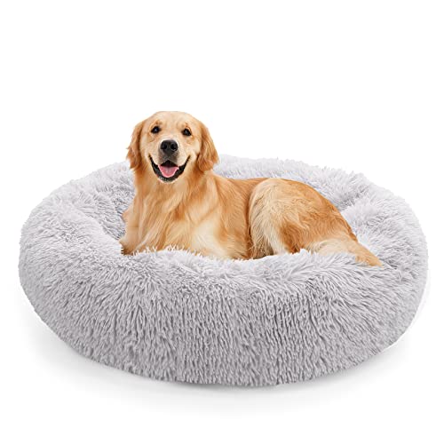 NOYAL Calming Donut Dog Bed for Small to Medium Dogs & Cats - Plush Faux Fur Anti-Anxiety Pet Bed with Machine Washable Cover & Non-Slip Base - color: Light gray, size: Medium 23.6''