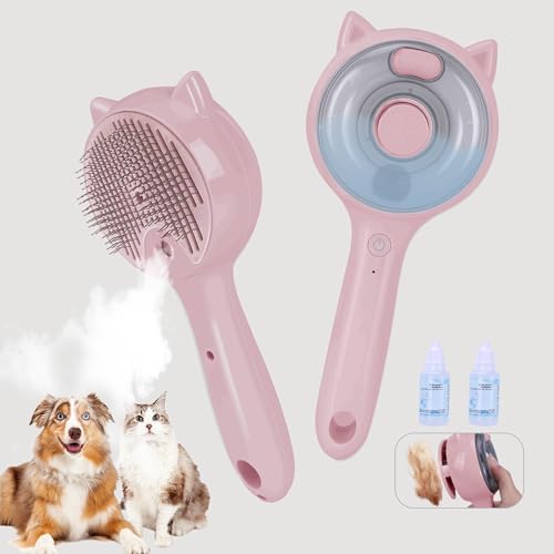 Pet Steam Brush for Cats & Dogs ，3-in-1 Pet Grooming Comb，Reduces Shedding, Soft Bristles, Promotes Healthy Coat-Comes - Includes Waterless Shampoo，Pink - color: Pink