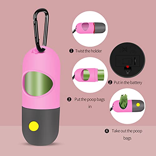 2 Pack Dog Poop Bag Dispenser with Built-in LED Flashlight, Pet Waste Bag Holder for Leash with Carabiner Clip for Lead Leash, 2 Rolls Leak-proof Doggy Waste Bags for Dog Walking, Pink, Eliamo - color: Pink