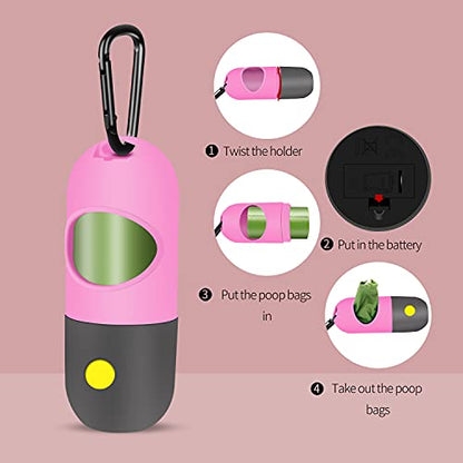 2 Pack Dog Poop Bag Dispenser with Built-in LED Flashlight, Pet Waste Bag Holder for Leash with Carabiner Clip for Lead Leash, 2 Rolls Leak-proof Doggy Waste Bags for Dog Walking, Pink, Eliamo - color: Pink
