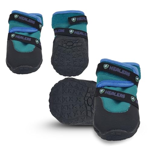 Healers Urban Walkers III Dog Boots – Paw Protection with Non-Slip Rubber Sole, Waterproof Breathable, Pet Booties for Dogs – Secure Hook and Loop Closure – 4-Pack Booties, Teal Blue, Small-Medium - size: Small-Medium