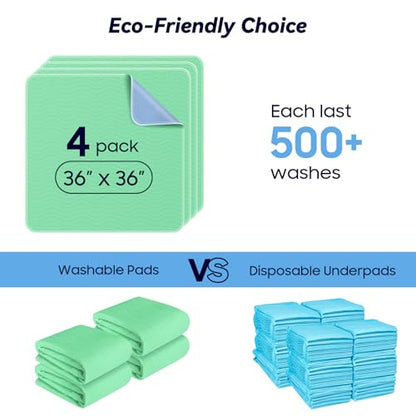 FYGRIP 4 Pack 36” x 36” Extra Heavy Absorbency Washable Underpads, Waterproof Quick Drying Nursing Incontinence Reusable Washable Bed Pee Pads for Dogs, Diaper Changing & Adults, Green - size: 4 Pack - 36" x 36"