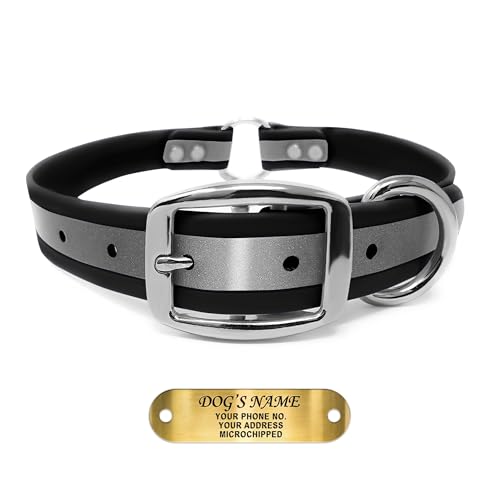 Regal Dog Products Small Black Reflective Dog Collar with Custom Engraved Name Plate and Heavy Duty Center Ring | Waterproof Biothane Personalized Dog Collars - Other Sizes for Medium & Large Dogs - color: Black, size: Small