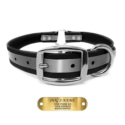 Regal Dog Products Small Black Reflective Dog Collar with Custom Engraved Name Plate and Heavy Duty Center Ring | Waterproof Biothane Personalized Dog Collars - Other Sizes for Medium & Large Dogs - color: Black, size: Small