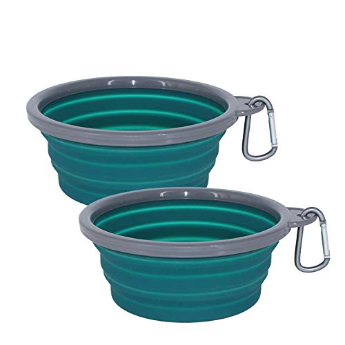 Collapsible Portable Silicone Big Dog Bowls,2 Pack,34 oz/Each Bowl,Silicone Basic Bowl with Plastic Rim and D-Ring,Foldable Travel pet Feeder,Portable Basic Bowl for Dog (Green) - color: green