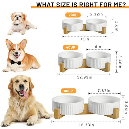 Non-Slip Ceramic Dog Bowls with Wooden Stand,8" Dog Food and Water Bowl Set with Silicone Base, 64 OZ/8 Cups Weighted Flip-Proof Pet Feeding Bowl for Small Dogs and Cats (Large,White) - color: Wood Stand, size: 8 Cups