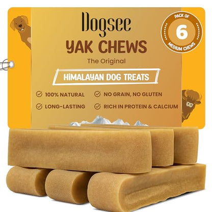 Dogsee Yak Cheese Himalayan Dog Chews 1lb (Medium - 6 Bars), 100% All Natural, 60% Protein, Dog Treats Medium Breed, Yak Chews Long Lasting for Aggressive Chewers, Raw Hide Free - size: Medium (Pack of 6)