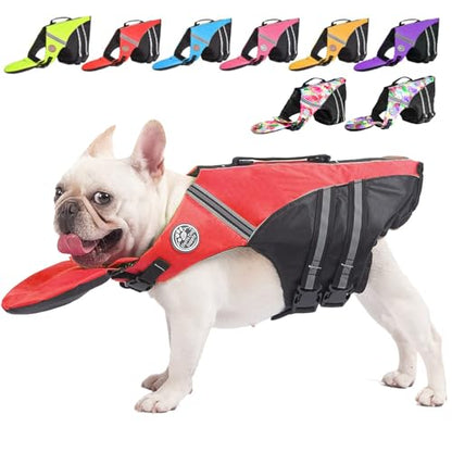 Dog Life Jacket, French Bulldog Life Vest for Swimming Boating, Dog Swim Vest with Chin Float and Rescue Handle, High Flotation Puppy Life Jackets (Chest Girth: 17" to 30", Weight: 17" to 28" LB) - color: Bright Red