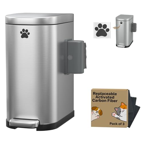 Dog Poop Trash Can Outside with Odor Control Lid & Step Pedal, 3.2Gal Stainless Steel Outdoor Trash Can, Waterproof Dog Waste Container Station - Includes Carbon Filters & Paw Stickers - color: Silver