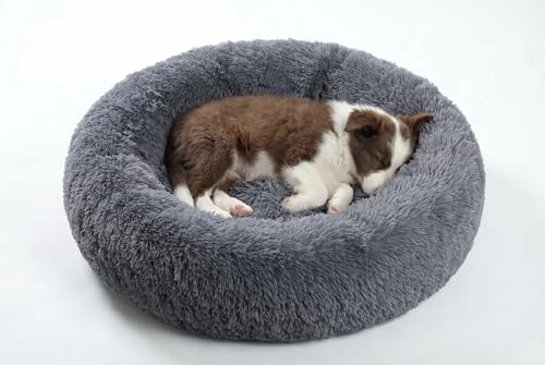 SAVFOX 23 inches Calming Donut Dog Bed - 3X Durable Plush Faux Fur, Machine Washable & Non-Slip, Fits up to 25 lbs, Dark Grey - color: Dark Grey, size: Small | 23"x23"