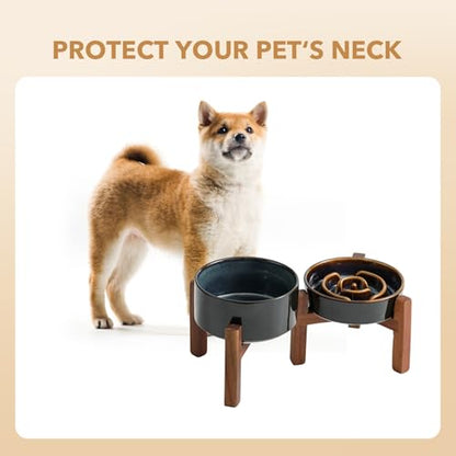 Havniva 0.9 Cup Elevated Slow Feeder Dog Bowls, 6.1” Dog Slow Feeding Bowls + 6.1” Ceramic Dog Water Bowls Set with Acacia Wood Stand, Dog Food Bowls Puzzle Feeder for Small Dogs Non-Slip Anti-choking - color: 2 x Starry Sky + Stand - A, size: S- 6.1inch