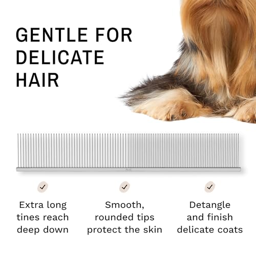 Eye Envy ProGlide Finishing Comb for Dogs. Dual-sided featherweight 8.75” dog comb with extra-long, closely spaced 32 mm rounded teeth. For a flawless, show-quality finish on delicate, fine coats.