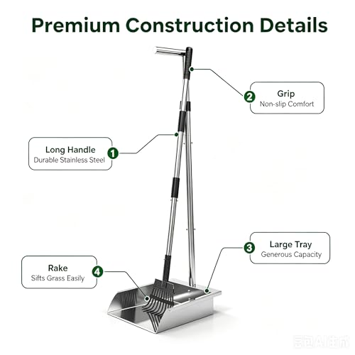 Metal Dog Pooper Scooper with Long Handle Rake and Tray Set for Large Dogs. | Heavy Duty Stainless Steel poop scooper for dogs Suitable for Yard, Garage ，Grass, Dirt & Gravel and Multi-Dog Families