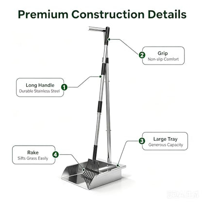 Metal Dog Pooper Scooper with Long Handle Rake and Tray Set for Large Dogs. | Heavy Duty Stainless Steel poop scooper for dogs Suitable for Yard, Garage ，Grass, Dirt & Gravel and Multi-Dog Families