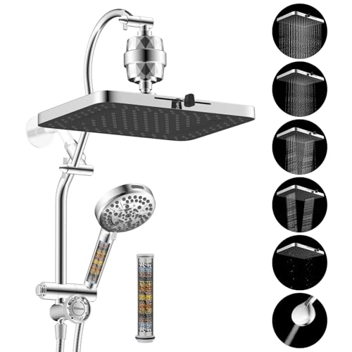 Hibbent 5-spray Dual Filtered Rainfall Shower Head Combo, High Pressure 13'' Showerhead with 10 Spray Mode Handheld, Easy Reach 4-way Diverter Shower Arm with Pause Mode, 71'' Hose and Holder, Chrome - color: Chrome, style: Square 13" with filter